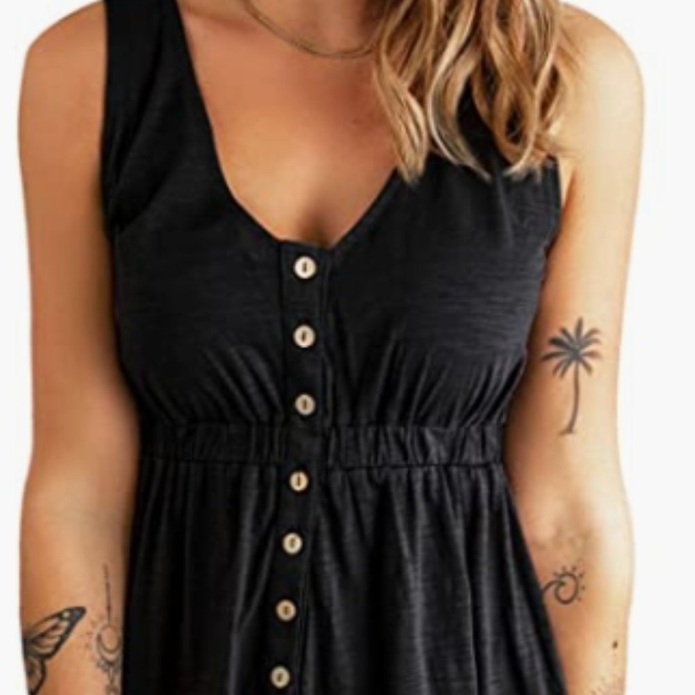 Womens Casual Sleeveless Button Down Elastic Waist Swing Dress M